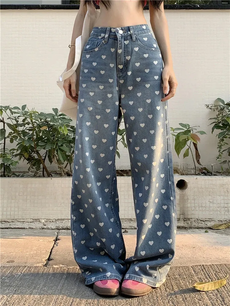 Heart Print Y2K Baggy High Waisted Wide Leg Jeans