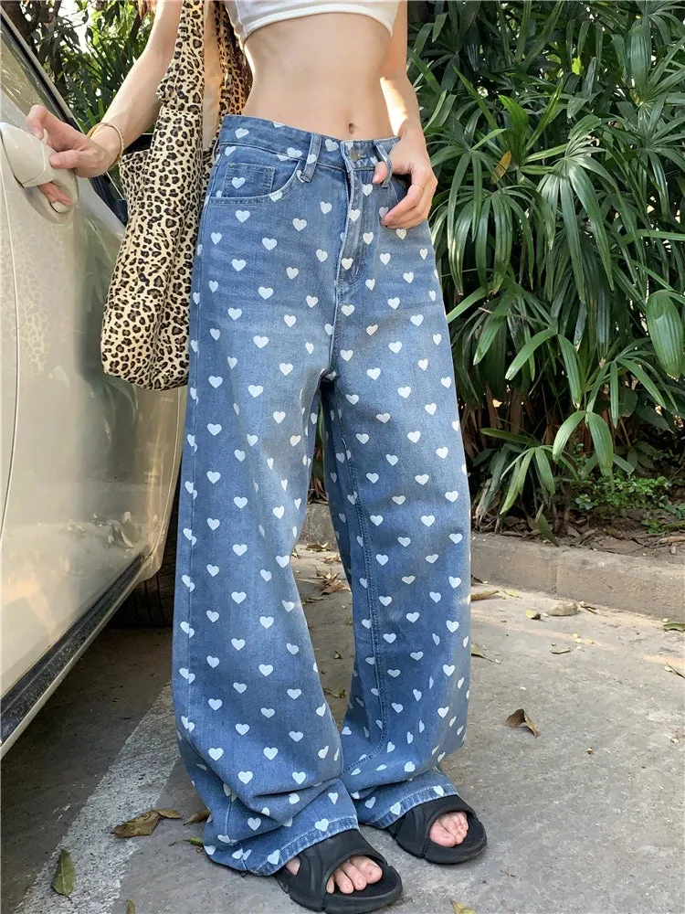 Heart Print Y2K Baggy High Waisted Wide Leg Jeans