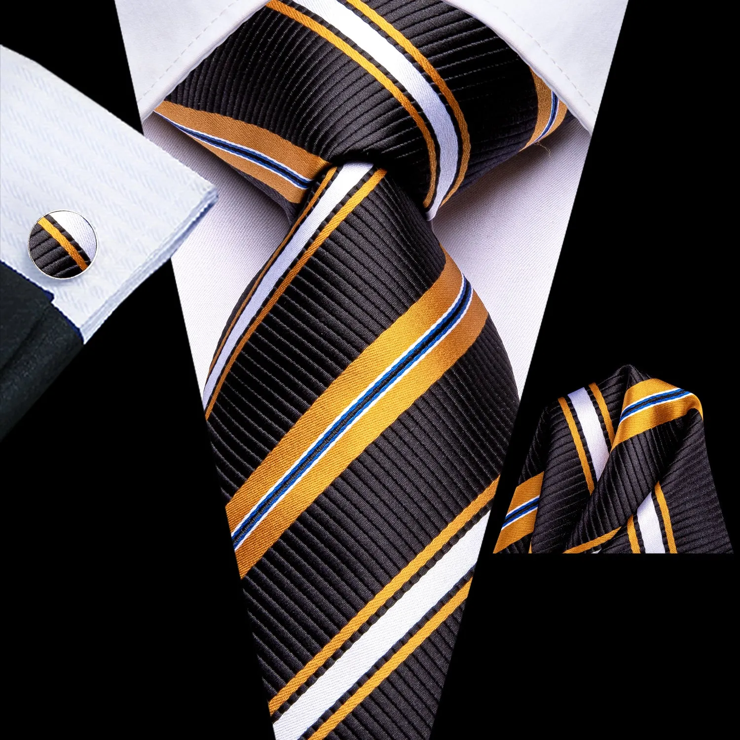 Hi-Tie Black Yellow White Striped Mens Tie Pocket Square Cufflinks Set