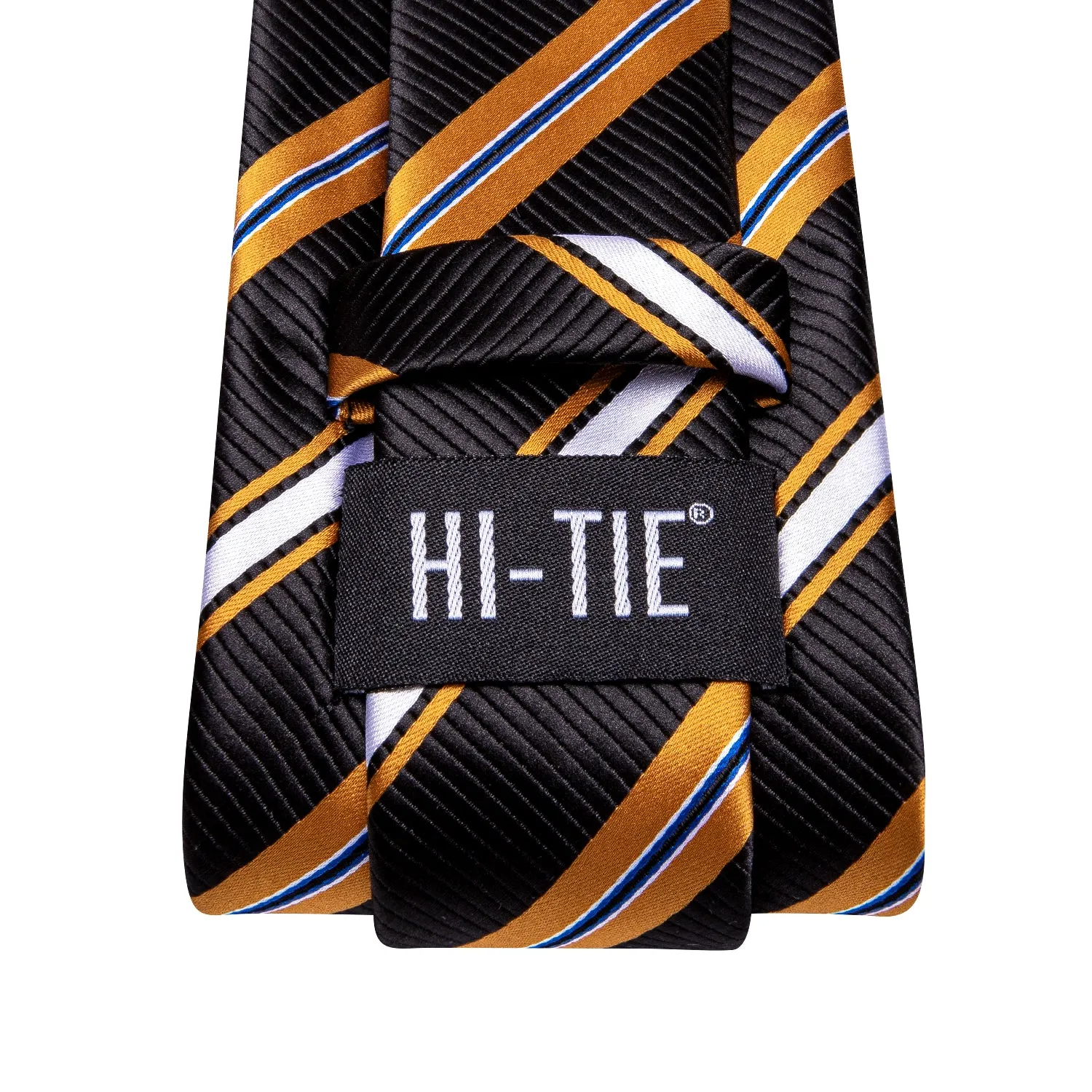 Hi-Tie Black Yellow White Striped Mens Tie Pocket Square Cufflinks Set