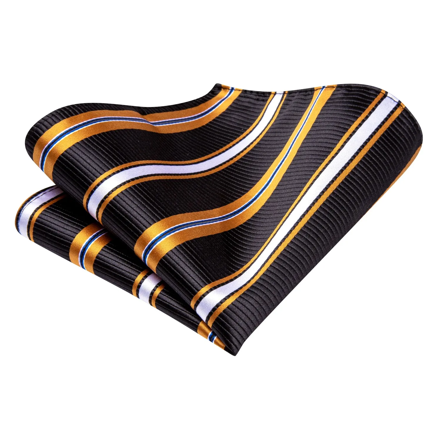 Hi-Tie Black Yellow White Striped Mens Tie Pocket Square Cufflinks Set