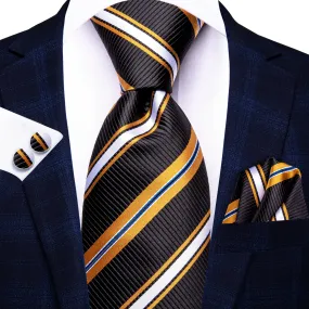 Hi-Tie Black Yellow White Striped Mens Tie Pocket Square Cufflinks Set