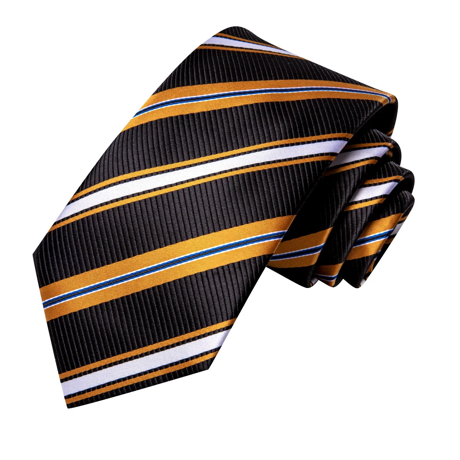 Hi-Tie Black Yellow White Striped Mens Tie Pocket Square Cufflinks Set