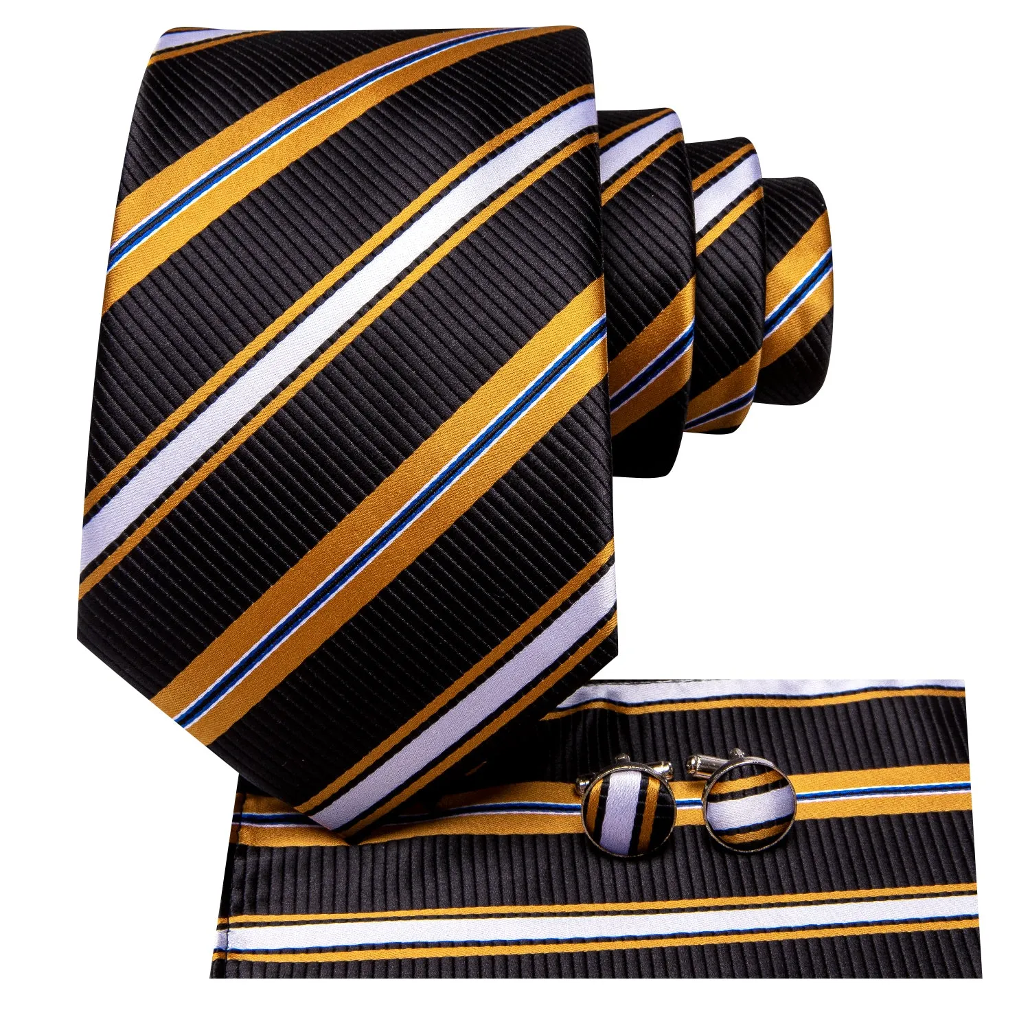 Hi-Tie Black Yellow White Striped Mens Tie Pocket Square Cufflinks Set