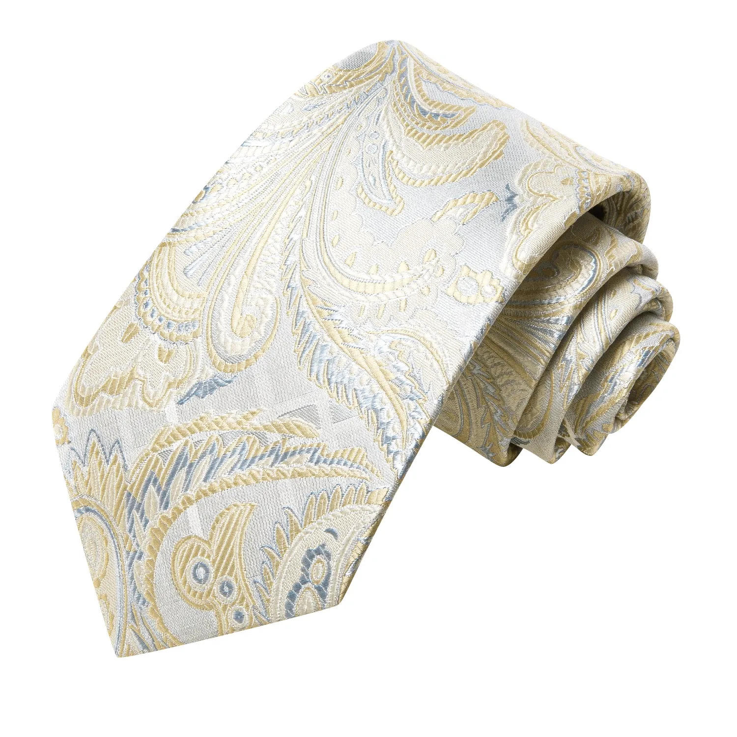 Hi-Tie Champagne Sky Blue Paisley Silk Tie Pocket Square Cufflinks Set