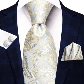 Hi-Tie Champagne Sky Blue Paisley Silk Tie Pocket Square Cufflinks Set