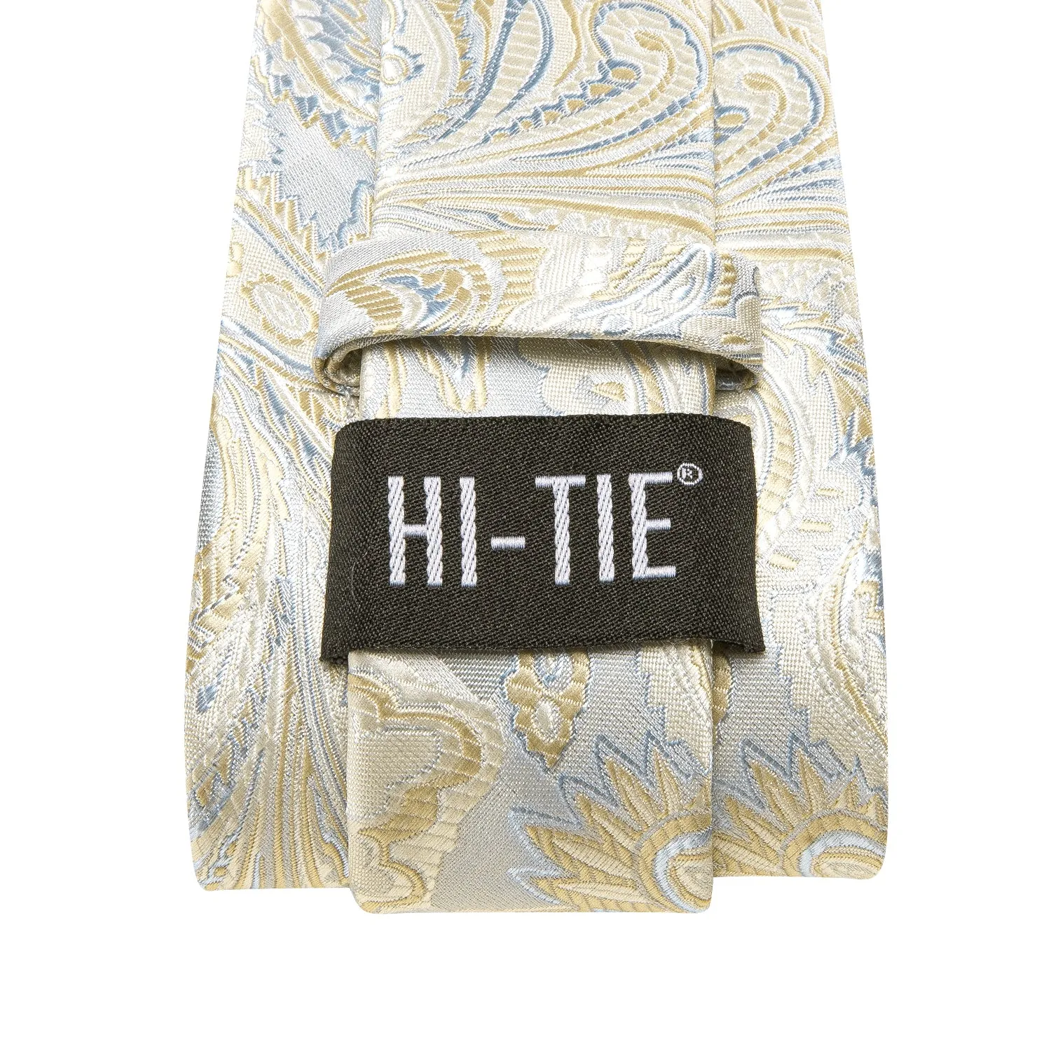 Hi-Tie Champagne Sky Blue Paisley Silk Tie Pocket Square Cufflinks Set