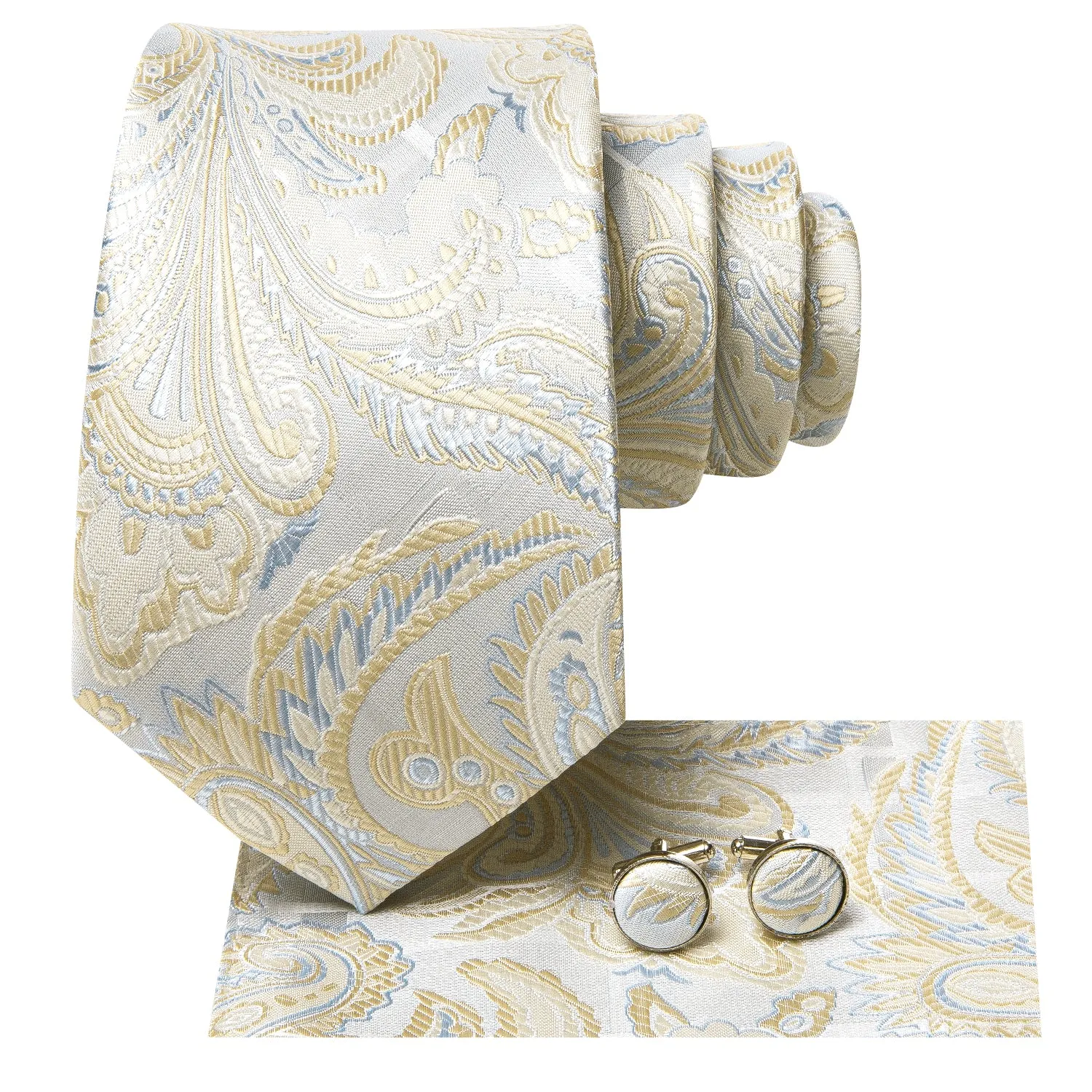 Hi-Tie Champagne Sky Blue Paisley Silk Tie Pocket Square Cufflinks Set