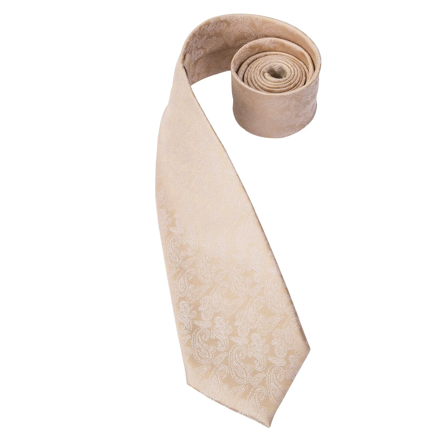 Hi-Tie Mens Ivory Beige Paisley Necktie Pocket Square Cufflinks Set