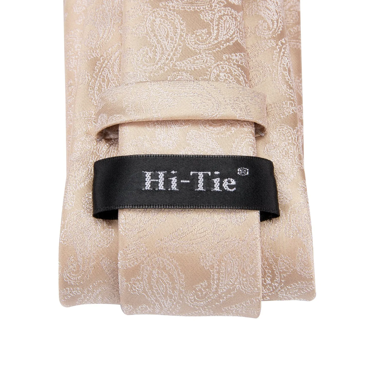 Hi-Tie Mens Ivory Beige Paisley Necktie Pocket Square Cufflinks Set