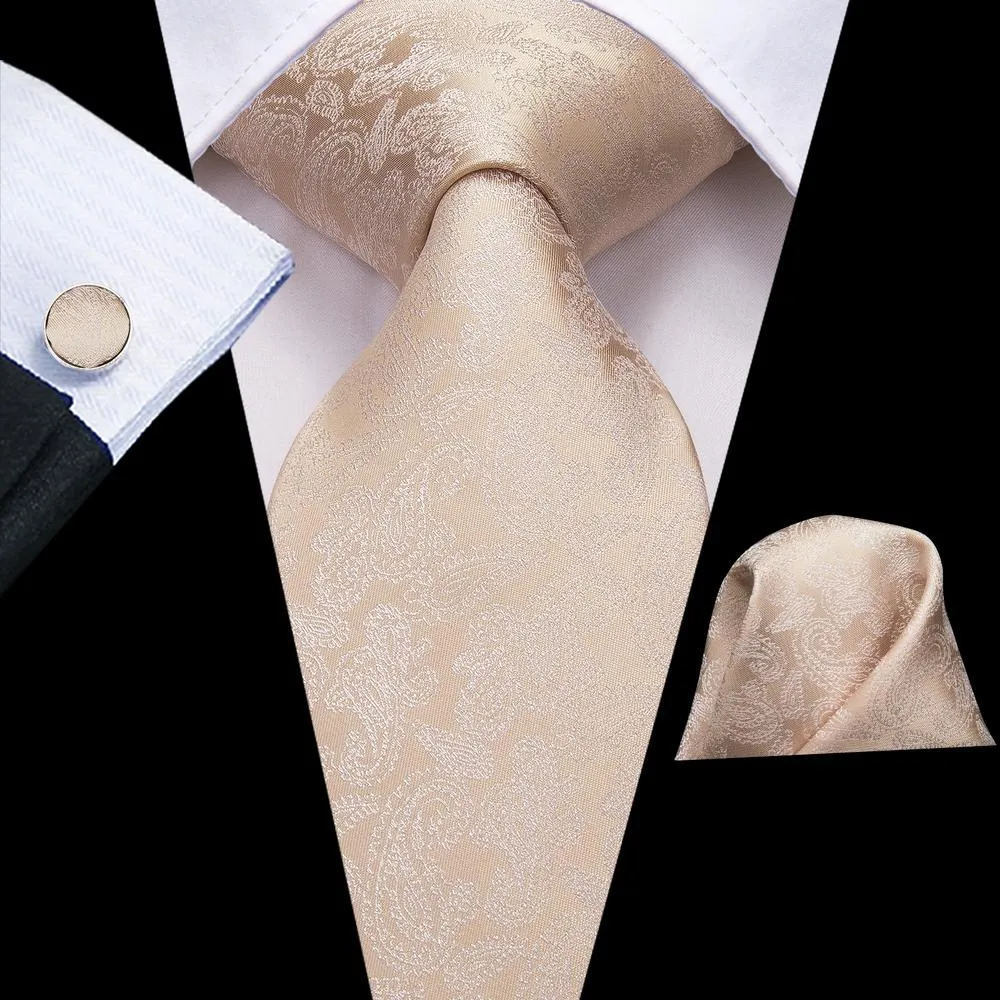 Hi-Tie Mens Ivory Beige Paisley Necktie Pocket Square Cufflinks Set