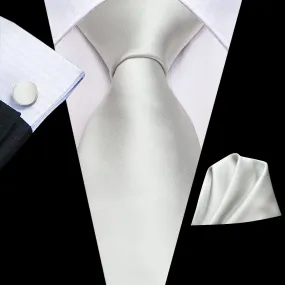 Hi-Tie Pure White Solid Men's Wedding Tie Pocket Square Cufflinks Set