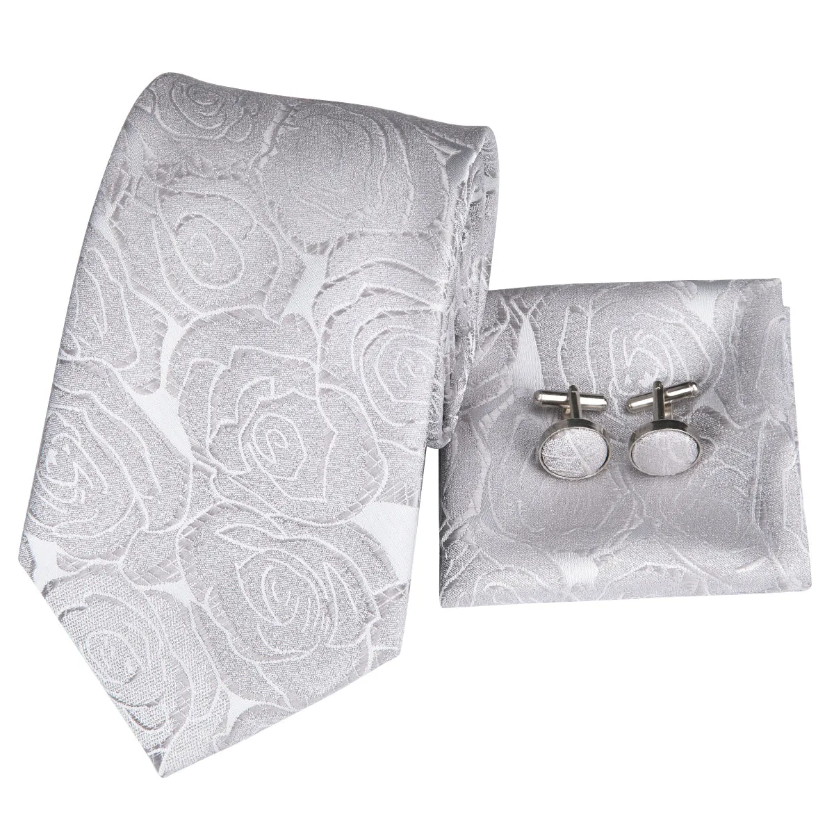 Hi-Tie Roses Floral Necktie White Grey Tie Pocket Square Cufflinks Set