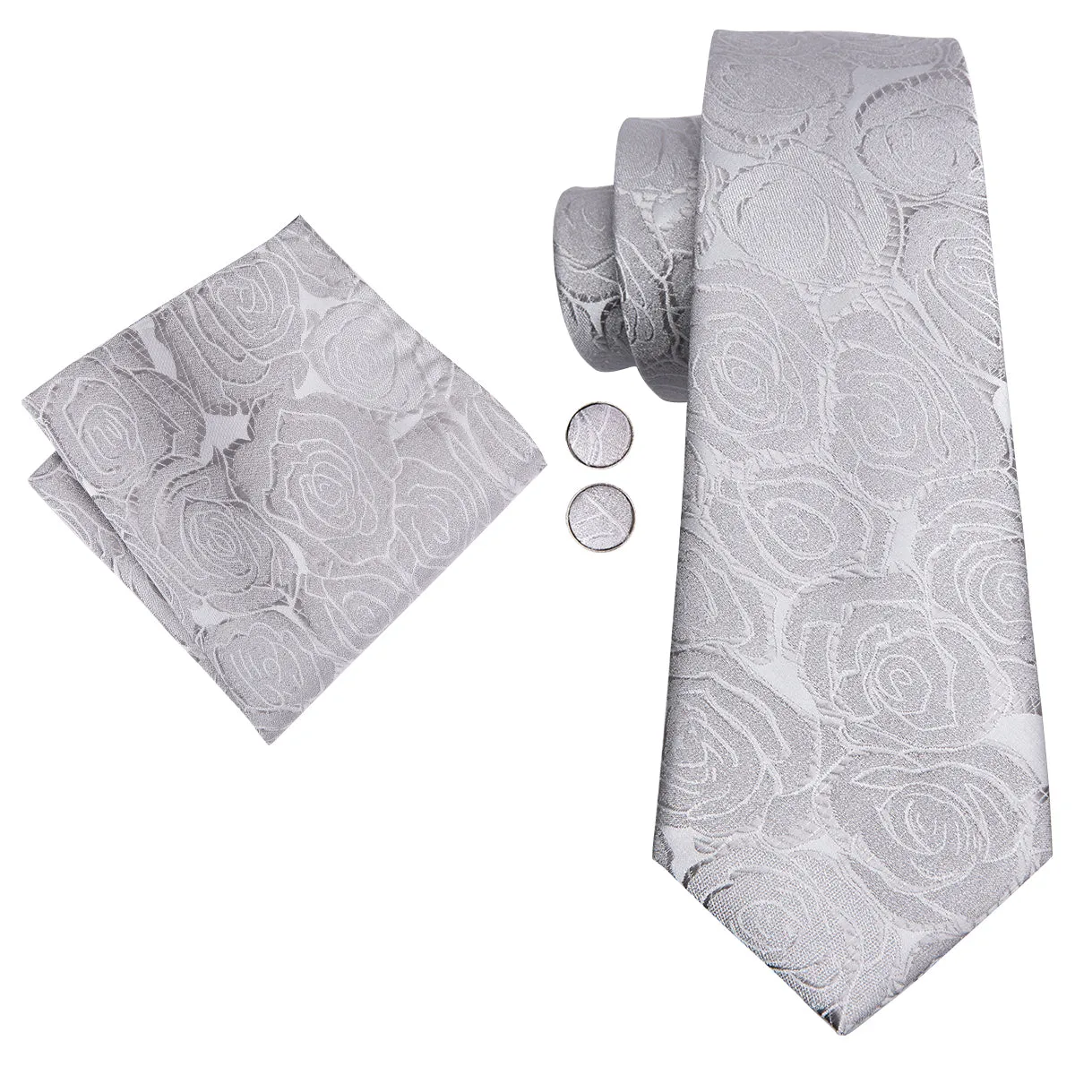 Hi-Tie Roses Floral Necktie White Grey Tie Pocket Square Cufflinks Set