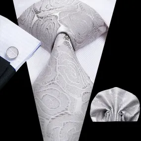 Hi-Tie Roses Floral Necktie White Grey Tie Pocket Square Cufflinks Set