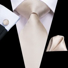 Hi-Tie Silk Ties Ivory Beige Solid Necktie Pocket Square Cufflinks Set