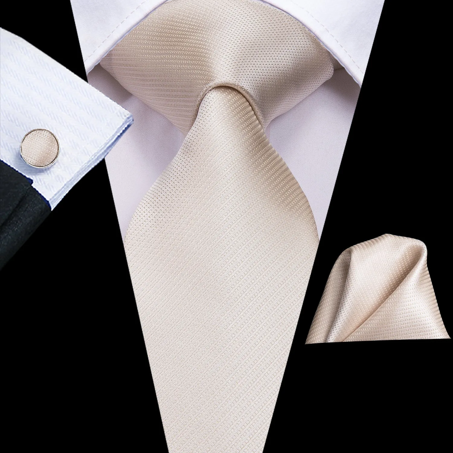 Hi-Tie Silk Ties Ivory Beige Solid Necktie Pocket Square Cufflinks Set