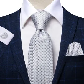 Hi-Tie White Necktie Silver Plaid Dot Tie Pocket Square Cufflinks Set