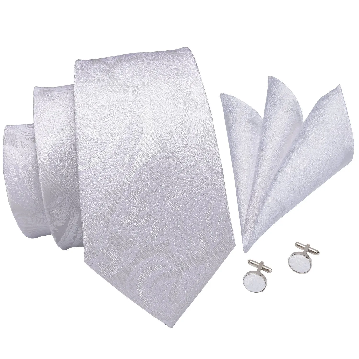 Hi-Tie White Paisley Tie Pocket Square Cufflinks Set with Collar Pin