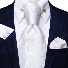 Hi-Tie White Paisley Tie Pocket Square Cufflinks Set with Collar Pin