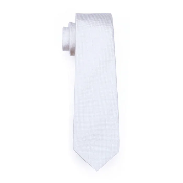 Hi-Tie White Wedding Necktie Solid Men Tie Pocket Square Cufflinks Set