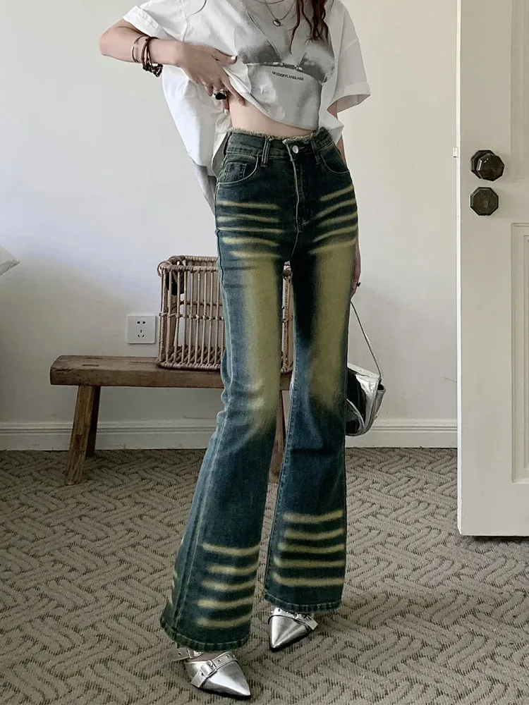 High Waist Flare Bell-bottoms Denim Jeans with Raw Trim