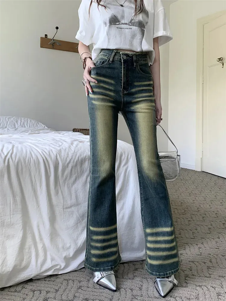 High Waist Flare Bell-bottoms Denim Jeans with Raw Trim