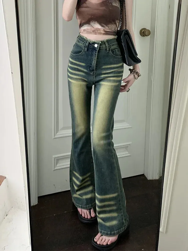 High Waist Flare Bell-bottoms Denim Jeans with Raw Trim