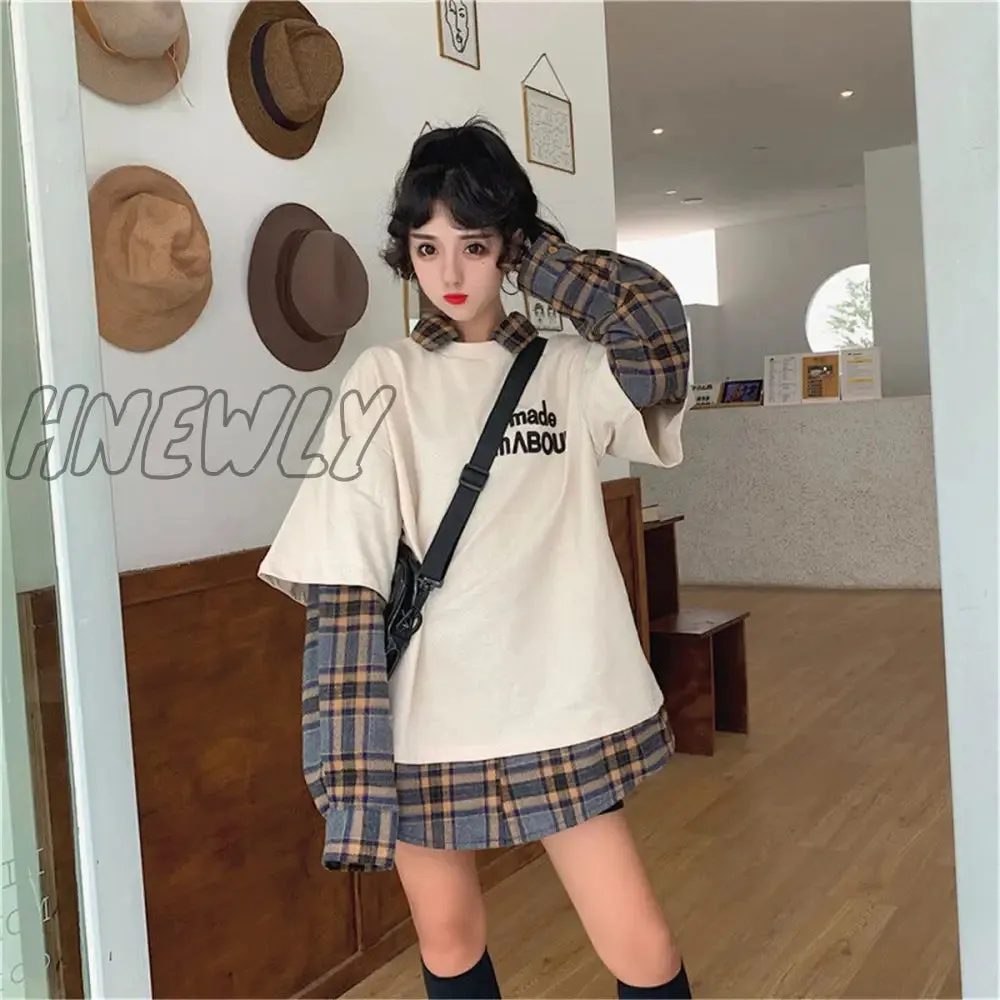 Hnewly Black Hip Hop Hoodie Women Harajuku Plaid Sweatshirts Japan Kawaii Femme Casual Pullover Tops Gray Oversized Basic Hoodies