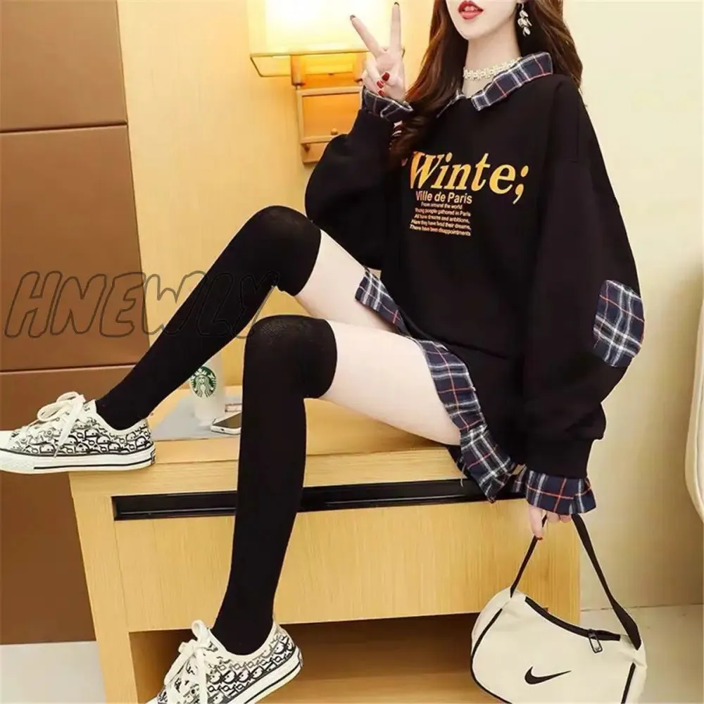 Hnewly Black Hip Hop Hoodie Women Harajuku Plaid Sweatshirts Japan Kawaii Femme Casual Pullover Tops Gray Oversized Basic Hoodies