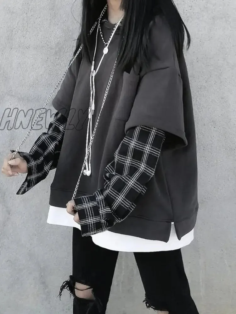 Hnewly Black Hip Hop Hoodie Women Harajuku Plaid Sweatshirts Japan Kawaii Femme Casual Pullover Tops Gray Oversized Basic Hoodies