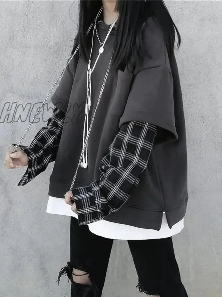 Hnewly Black Hip Hop Hoodie Women Harajuku Plaid Sweatshirts Japan Kawaii Femme Casual Pullover Tops Gray Oversized Basic Hoodies