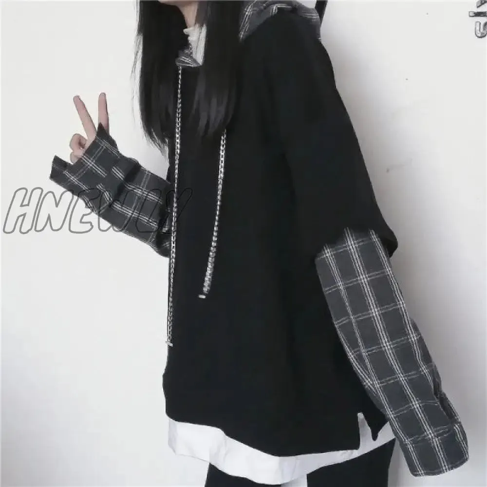 Hnewly Black Hip Hop Hoodie Women Harajuku Plaid Sweatshirts Japan Kawaii Femme Casual Pullover Tops Gray Oversized Basic Hoodies