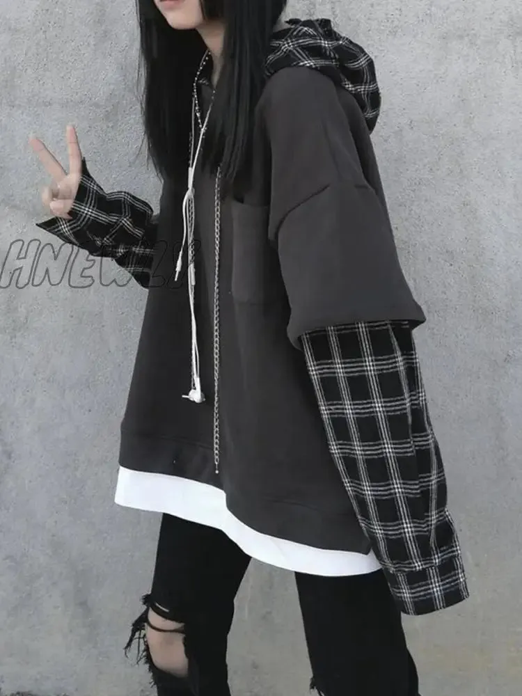 Hnewly Black Hip Hop Hoodie Women Harajuku Plaid Sweatshirts Japan Kawaii Femme Casual Pullover Tops Gray Oversized Basic Hoodies