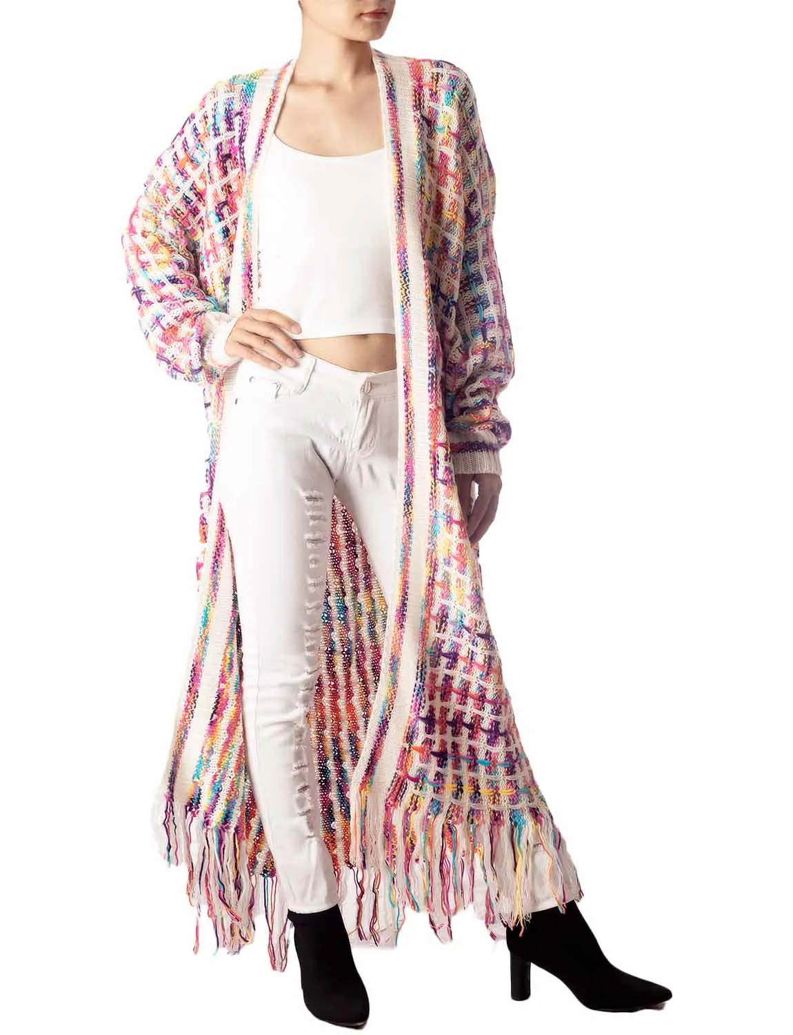 iB-iP Women's Sweater Loose Oversized Casual Tassels Maxi Long Sleeve Cardigan