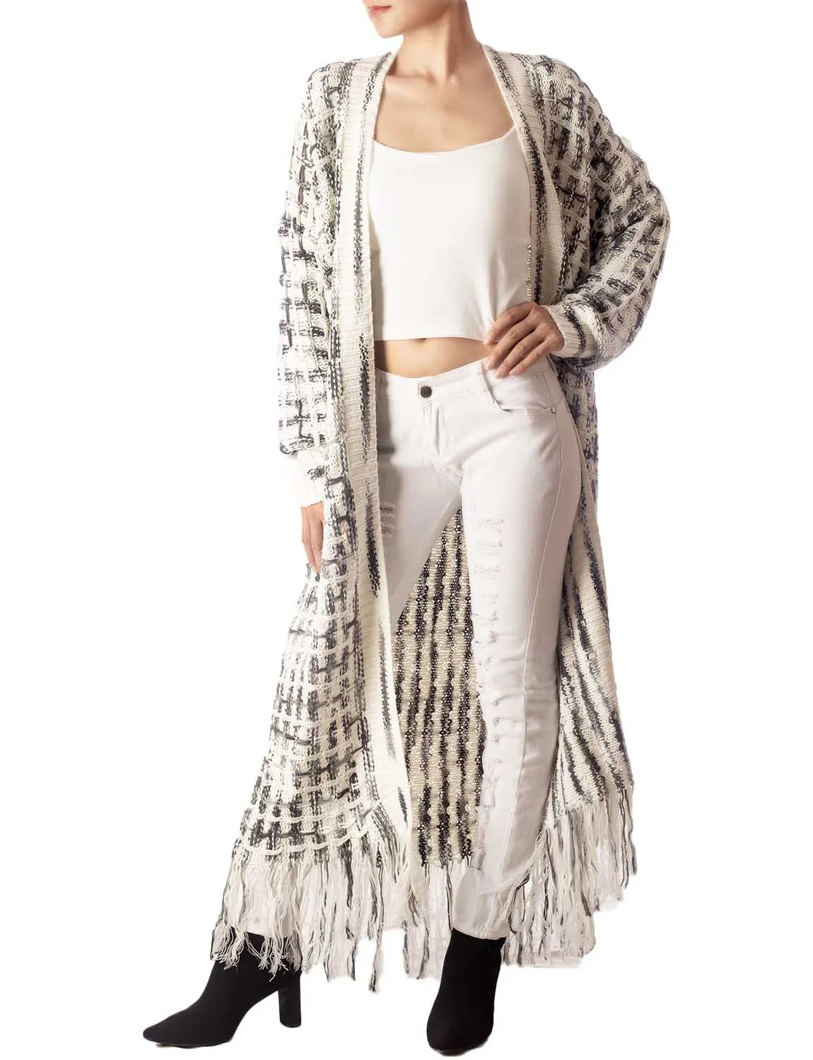 iB-iP Women's Sweater Loose Oversized Casual Tassels Maxi Long Sleeve Cardigan