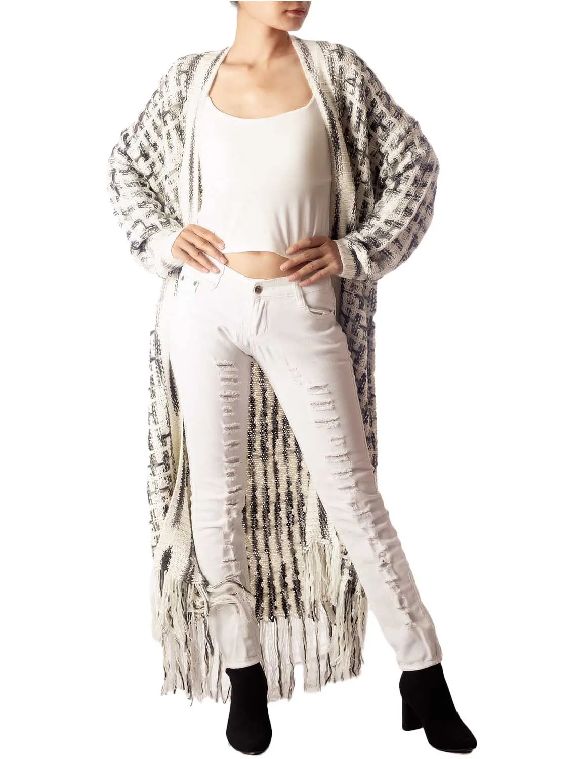 iB-iP Women's Sweater Loose Oversized Casual Tassels Maxi Long Sleeve Cardigan