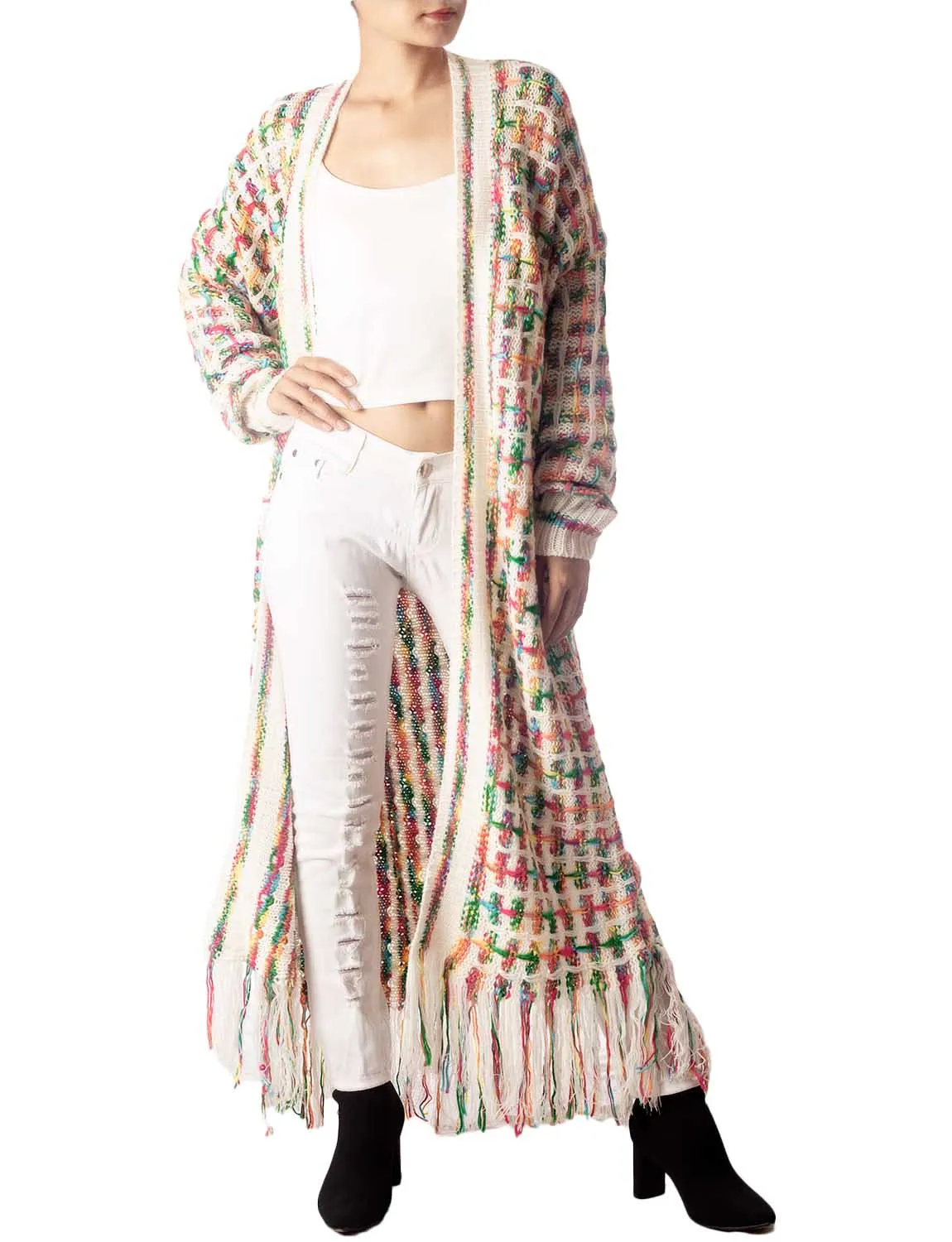 iB-iP Women's Sweater Loose Oversized Casual Tassels Maxi Long Sleeve Cardigan