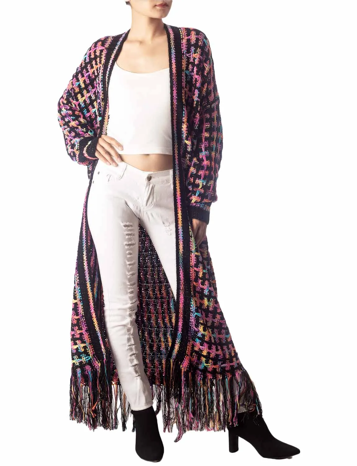 iB-iP Women's Sweater Loose Oversized Casual Tassels Maxi Long Sleeve Cardigan