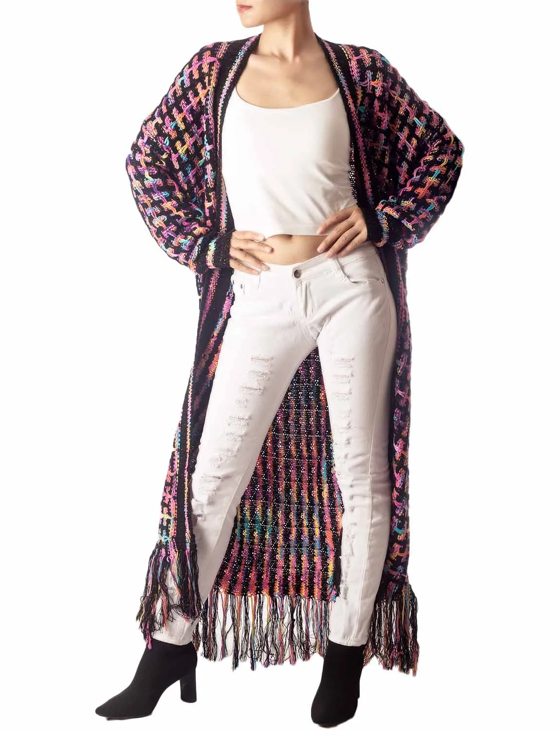 iB-iP Women's Sweater Loose Oversized Casual Tassels Maxi Long Sleeve Cardigan