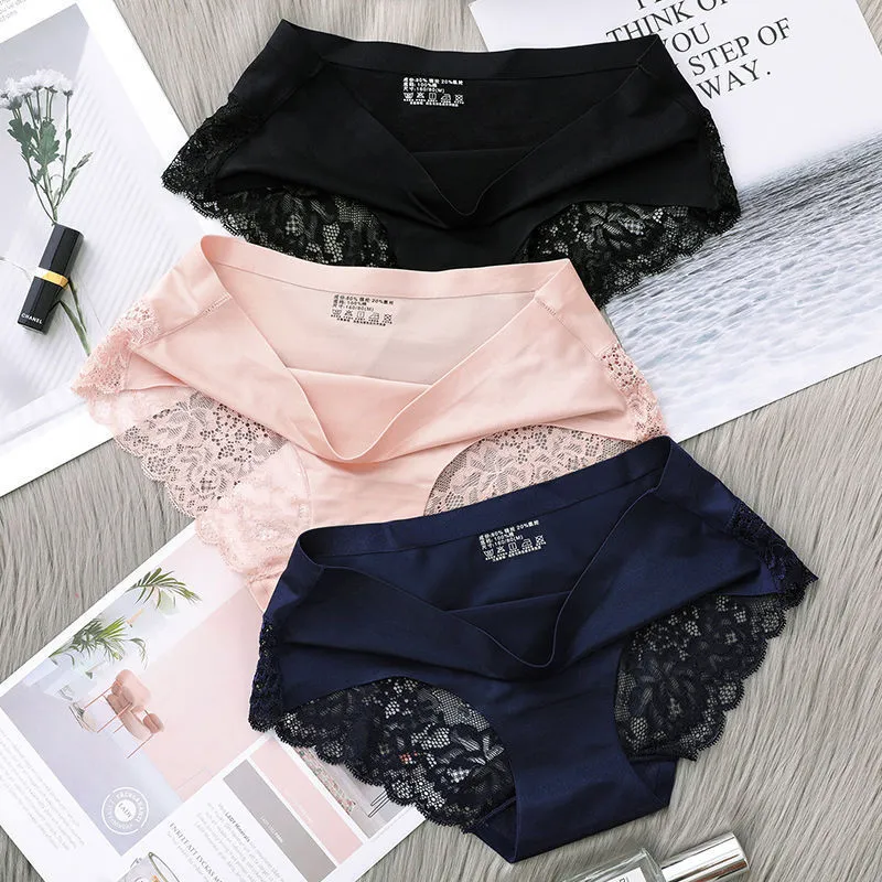 Ice Silk Underwear For Women Traceless Lace Pure Cotton Crotch Briefs