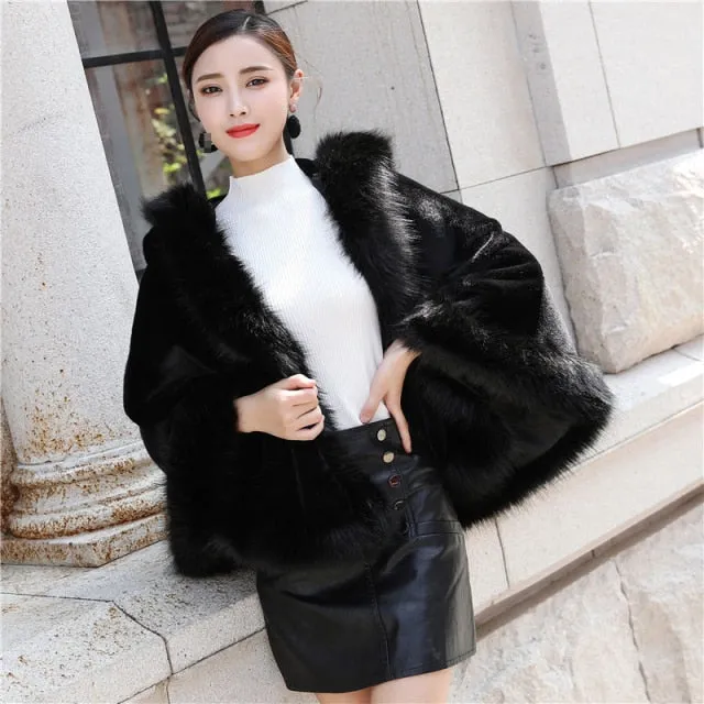 Imitation Mink Fleece Short Style Women Hooded Cape Poncho