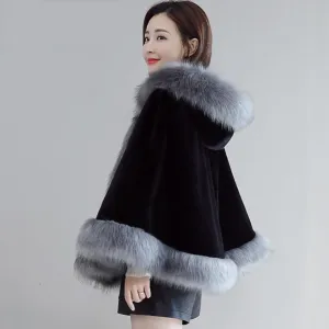 Imitation Mink Fleece Short Style Women Hooded Cape Poncho