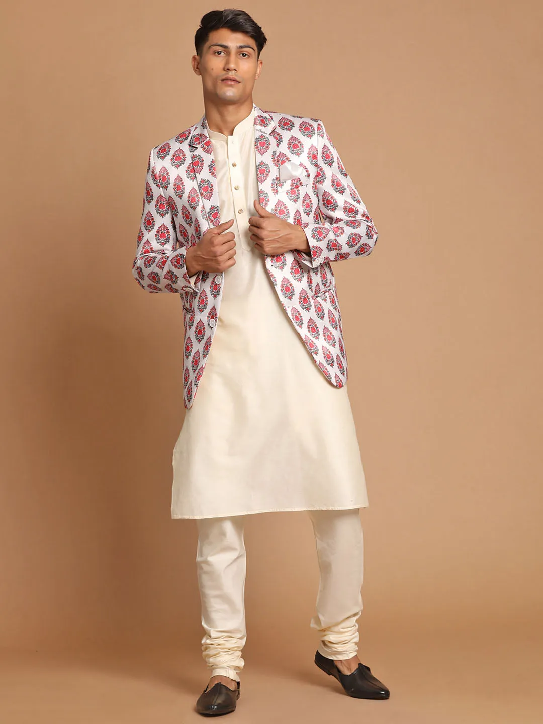 Jashvi Men's Cream Base Multicolor Printed Blazer And Cream Solid Kurta With Pajama Set