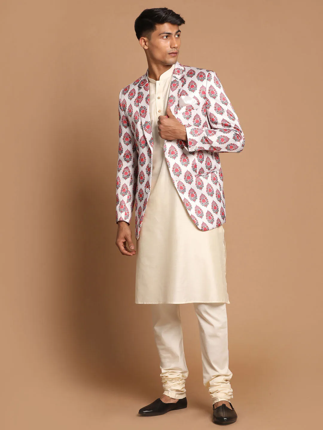 Jashvi Men's Cream Base Multicolor Printed Blazer And Cream Solid Kurta With Pajama Set