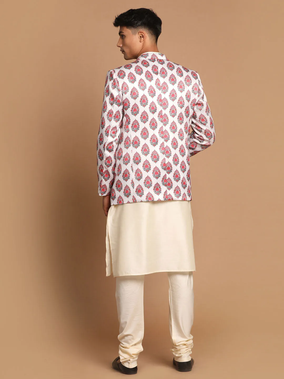 Jashvi Men's Cream Base Multicolor Printed Blazer And Cream Solid Kurta With Pajama Set