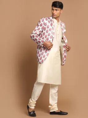 Jashvi Men's Cream Base Multicolor Printed Blazer And Cream Solid Kurta With Pajama Set