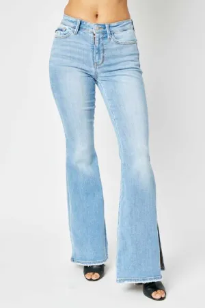 Judy Blue Mid Rise Raw Hem Slit Flare Jeans