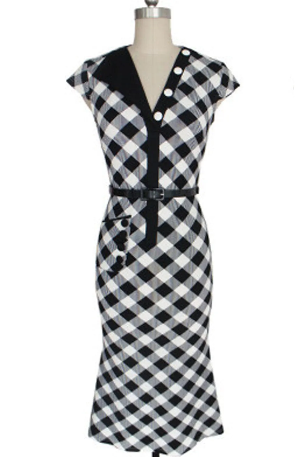 Ketty More Women Slim V-Neck Collar Neck Plaid Dress Decorated With Buttons Black-KMWD309