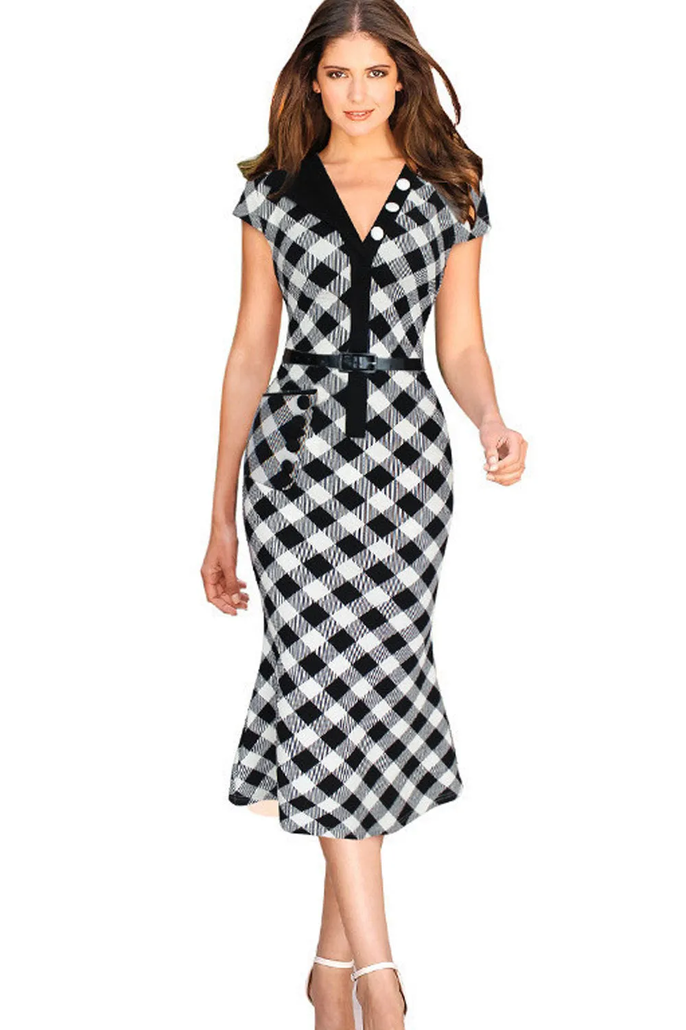 Ketty More Women Slim V-Neck Collar Neck Plaid Dress Decorated With Buttons Black-KMWD309